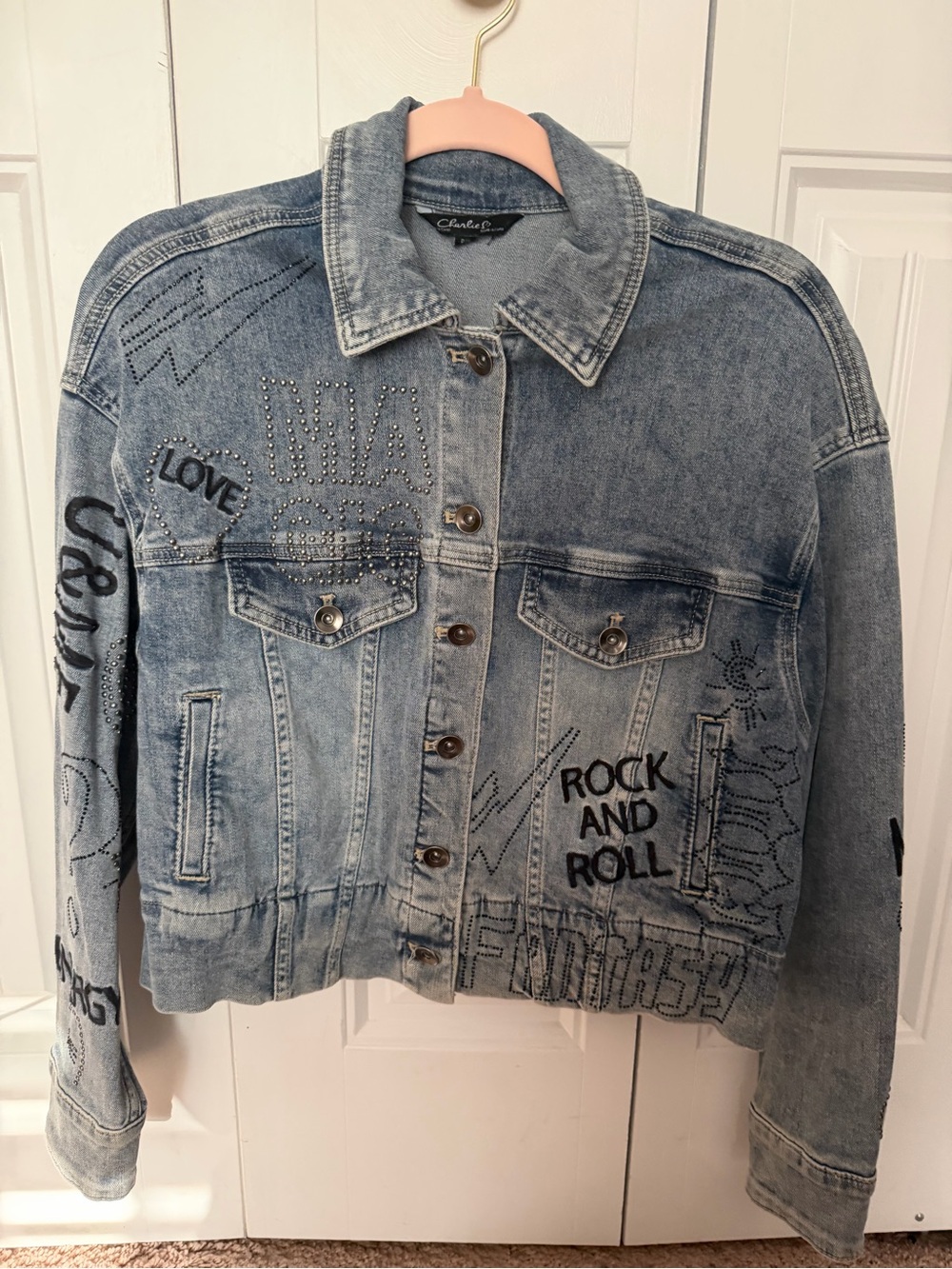 Charlie B Embellished Light Wash Denim Jacket - Rock & Roll Graphic